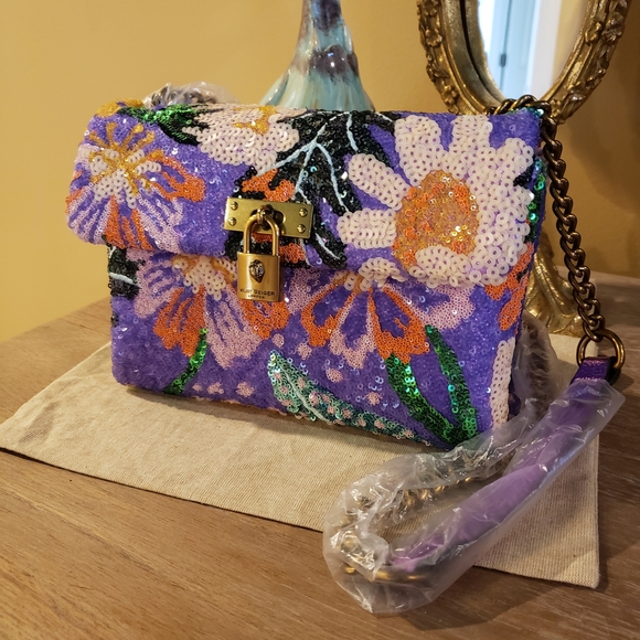 NWT! Kurt Geiger Purple Sequin Floral Crossbody Bag w/ Lock & Dusty - Picture 12 of 12